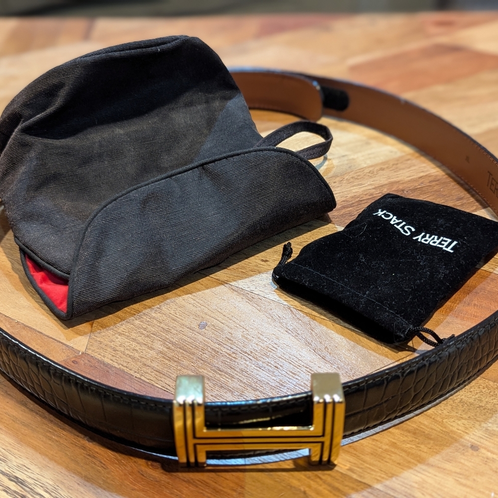 TERRY STACK Black Croc Leather Belt Gold Removable Buckle Women M